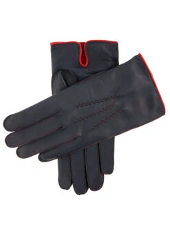Men's Heritage Three-Point Cashmere-Lined Leather Gloves With Colour Contrast Details -Dents Luxury Accessories Sales 15 1514 Navy Red