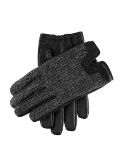 Men's Heritage Cashmere-Lined Abraham Moon Herringbone Tweed And Leather Gloves -Dents Luxury Accessories Sales 15 1636BlackCharcoal