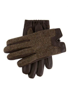 Men's Heritage Cashmere-Lined Abraham Moon Herringbone Tweed And Leather Gloves -Dents Luxury Accessories Sales 15 1636BrownChocolate
