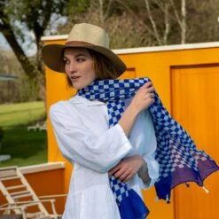 Women’s Small Checkerboard Check Lightweight Scarf With Tassels -Dents Luxury Accessories Sales 3 1375Ivory Natural 4 2656Royal 1