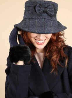 Women's Abraham Moon Tweed Check Bucket Hat With Bow Detail -Dents Luxury Accessories Sales 3 5159 Blue d9f89a94 410b 4050 b951 9d5744e17cb4
