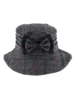 Women's Abraham Moon Tweed Check Bucket Hat With Bow Detail -Dents Luxury Accessories Sales 3 5159Charcoal