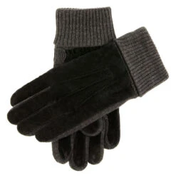 Men's Three-Point Fleece-Lined Suede Gloves With Knitted Cuffs