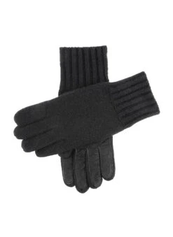 Men's Cashmere Knitted Gloves With Suede Palm Patch -Dents Luxury Accessories Sales 5 4522 Black