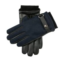 Men’s Touchscreen Lined Flannel And Leather Gloves -Dents Luxury Accessories Sales 5 9514 Navy 1