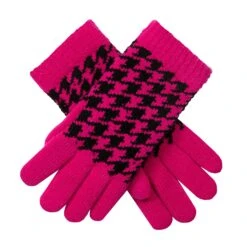 Women’s Jacquard Knitted Gloves With Dogtooth Pattern -Dents Luxury Accessories Sales 6 3282 Fuchsia Black