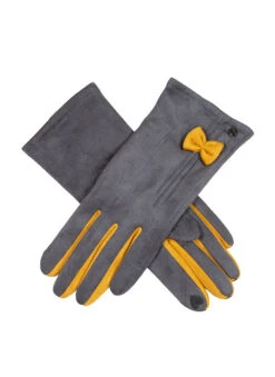 Women's Touchscreen Velour-Lined Faux Suede Gloves With Colour Contrast Details -Dents Luxury Accessories Sales 6 4262 Charcoal Ochre a1e0dac4 c8bc 4650 97df c98ae8ecaf99
