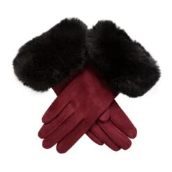 Women's Touchscreen Velour-Lined Faux Suede Gloves With Faux Fur Cuffs -Dents Luxury Accessories Sales 6 4264 Berry Black