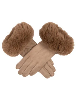 Women's Touchscreen Velour-Lined Faux Suede Gloves With Faux Fur Cuffs -Dents Luxury Accessories Sales 6 4264 Camel