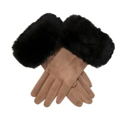 Women's Touchscreen Velour-Lined Faux Suede Gloves With Faux Fur Cuffs