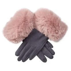 Women's Touchscreen Velour-Lined Faux Suede Gloves With Faux Fur Cuffs -Dents Luxury Accessories Sales 6 4264 Dove Grey Blush
