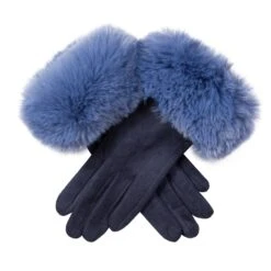 Women's Touchscreen Velour-Lined Faux Suede Gloves With Faux Fur Cuffs -Dents Luxury Accessories Sales 6 4264 Navy Cornflower Blue