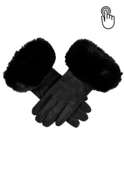 Women's Touchscreen Velour-Lined Faux Suede Gloves With Faux Fur Cuffs -Dents Luxury Accessories Sales 6 4264 black flash