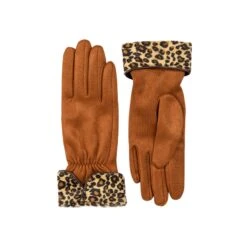 Women’s Touchscreen Velour-Lined Faux Suede Gloves With Faux Fur Leopard Print Cuffs -Dents Luxury Accessories Sales 6 4276 Cognac 1