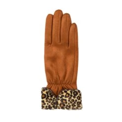 Women’s Touchscreen Velour-Lined Faux Suede Gloves With Faux Fur Leopard Print Cuffs -Dents Luxury Accessories Sales 6 4276 Cognac 2