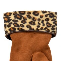 Women’s Touchscreen Velour-Lined Faux Suede Gloves With Faux Fur Leopard Print Cuffs -Dents Luxury Accessories Sales 6 4276 Cognac 5