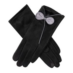 Women’s Touchscreen Velour-Lined Faux Suede Gloves With Contrast Trim And Bow -Dents Luxury Accessories Sales 6 4278 Black