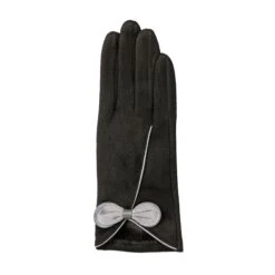 Women’s Touchscreen Velour-Lined Faux Suede Gloves With Contrast Trim And Bow -Dents Luxury Accessories Sales 6 4278 Black Dove Grey 2