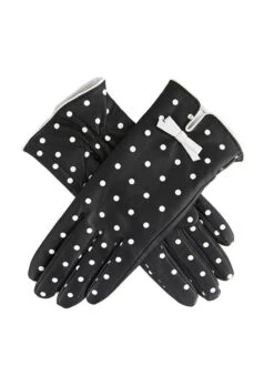 Women's Silk-Lined Leather Gloves With Polka Dot Design -Dents Luxury Accessories Sales 7 0018 20black