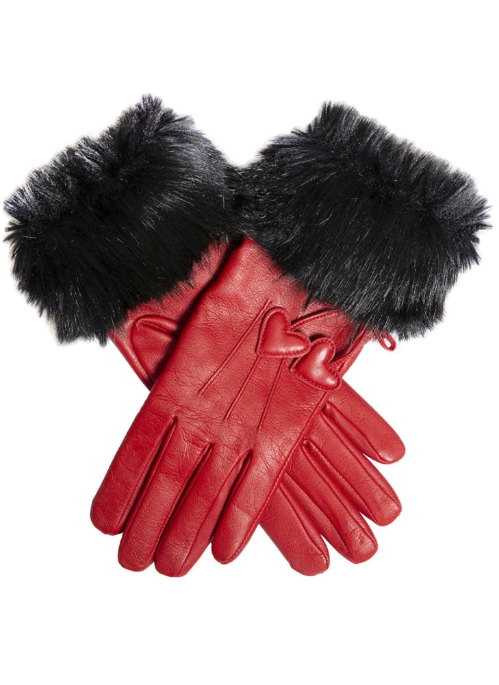 Women's Three-Point Wool-Lined Leather Gloves With Hearts And Faux Fur Cuffs 1 Women's Three-Point Wool-Lined Leather Gloves With Hearts And Faux Fur Cuffs