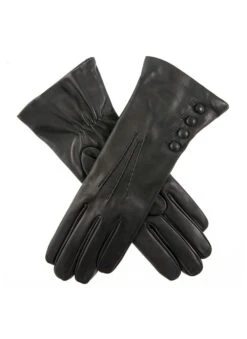 Women’s Touchscreen Three-Point Cashmere-Lined Leather Gloves With Buttons