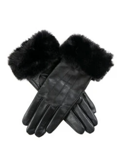 Women’s Touchscreen Three-Point Lined Leather Gloves With Faux Fur Cuffs -Dents Luxury Accessories Sales 7 5019 Black