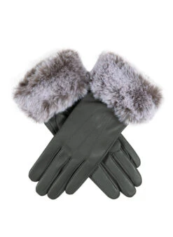 Women’s Touchscreen Three-Point Lined Leather Gloves With Faux Fur Cuffs -Dents Luxury Accessories Sales 7 5019 Charcoal