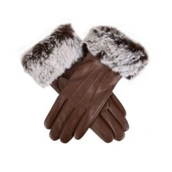 Women’s Touchscreen Three-Point Lined Leather Gloves With Faux Fur Cuffs -Dents Luxury Accessories Sales 7 5019 Chestnut