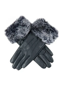 Women’s Touchscreen Three-Point Lined Leather Gloves With Faux Fur Cuffs -Dents Luxury Accessories Sales 7 5019 Navy