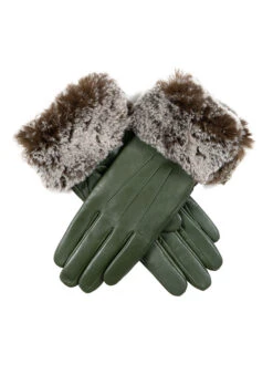 Women’s Touchscreen Three-Point Lined Leather Gloves With Faux Fur Cuffs