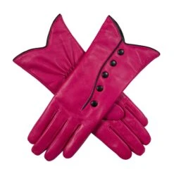 Women’s Wool-Lined Leather Gloves With Buttons And Piping -Dents Luxury Accessories Sales 7 5023 Fuchsia Black