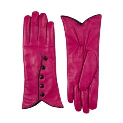 Women’s Wool-Lined Leather Gloves With Buttons And Piping -Dents Luxury Accessories Sales 7 5023 Fuchsia Black 1