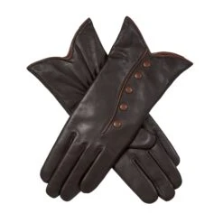 Women’s Wool-Lined Leather Gloves With Buttons And Piping -Dents Luxury Accessories Sales 7 5023 Mocca Cognac