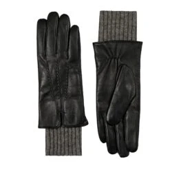Women’s Three-Point Wool Blend-Lined Leather Gloves With Knitted Cuffs -Dents Luxury Accessories Sales 7 5025 Black Charcoal 1