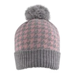 Women’s Knitted Bobble Hat With Dogtooth Pattern -Dents Luxury Accessories Sales WOMENS DOGTOOTH KNITTED BOBBLE HAT GREY PINK