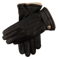 Men's Handsewn Three-Point Cashmere-Lined Deerskin Leather Gloves With Cashmere Cuffs -Dents Luxury Accessories Sales mens deerskin cashmere lined leather gloves Black