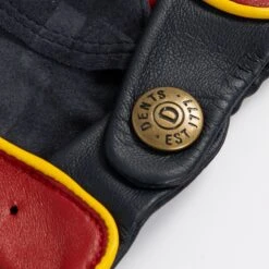 Men’s Touchscreen Three-Colour Leather Driving Gloves 31 Men’s Touchscreen Three-Colour Leather Driving Gloves -Dents Luxury Accessories Sales mens leather touchscreen three colour gloves red navy yellow button