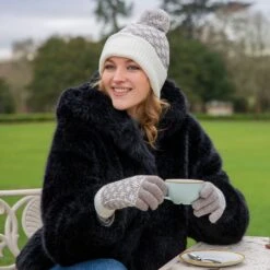 Women’s Jacquard Knitted Bobble Hat With Hash Symbol Pattern -Dents Luxury Accessories Sales womens bobble knitted hat in camel white