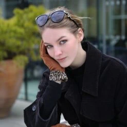 Women’s Touchscreen Velour-Lined Faux Suede Gloves With Faux Fur Leopard Print Cuffs -Dents Luxury Accessories Sales womens brown faux suede gloves leopard print