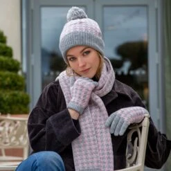 Women’s Knitted Bobble Hat With Dogtooth Pattern -Dents Luxury Accessories Sales womens dogstooth knitted gloves scarf hat in dove grey pink 85afb9bf 9555 443d 85ad eba876fd6df5