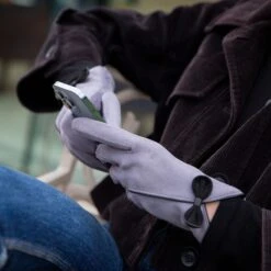 Women’s Touchscreen Velour-Lined Faux Suede Gloves With Contrast Trim And Bow -Dents Luxury Accessories Sales womens faux suede gloves with bow grey 2