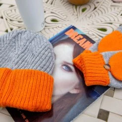 Women’s Two-Tone Fingerless Gloves With Mitten Flap -Dents Luxury Accessories Sales womens fingerless mittens gloves grey orange 2