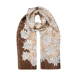 Women’s Floral Print Silk-Like Lightweight Scarf With Border -Dents Luxury Accessories Sales womens floral lightweight scarf beige chocolate