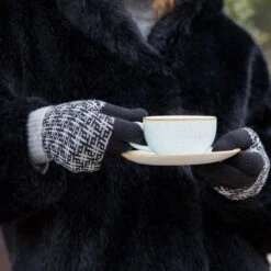 Women’s Jacquard Knitted Gloves With Hash Symbol Pattern -Dents Luxury Accessories Sales womens knitted bobble gloves black grey 2