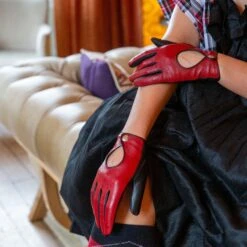 Women’s Touchscreen Leather Driving Gloves -Dents Luxury Accessories Sales womens leather driving gloves red black 2