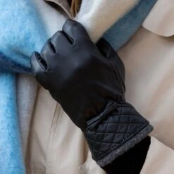 Women’s Wool-Lined Leather Gloves With Quilted Cuffs And Bow 24 Women’s Wool-Lined Leather Gloves With Quilted Cuffs And Bow -Dents Luxury Accessories Sales womens leather gloves with quilted cuffs black grey 2