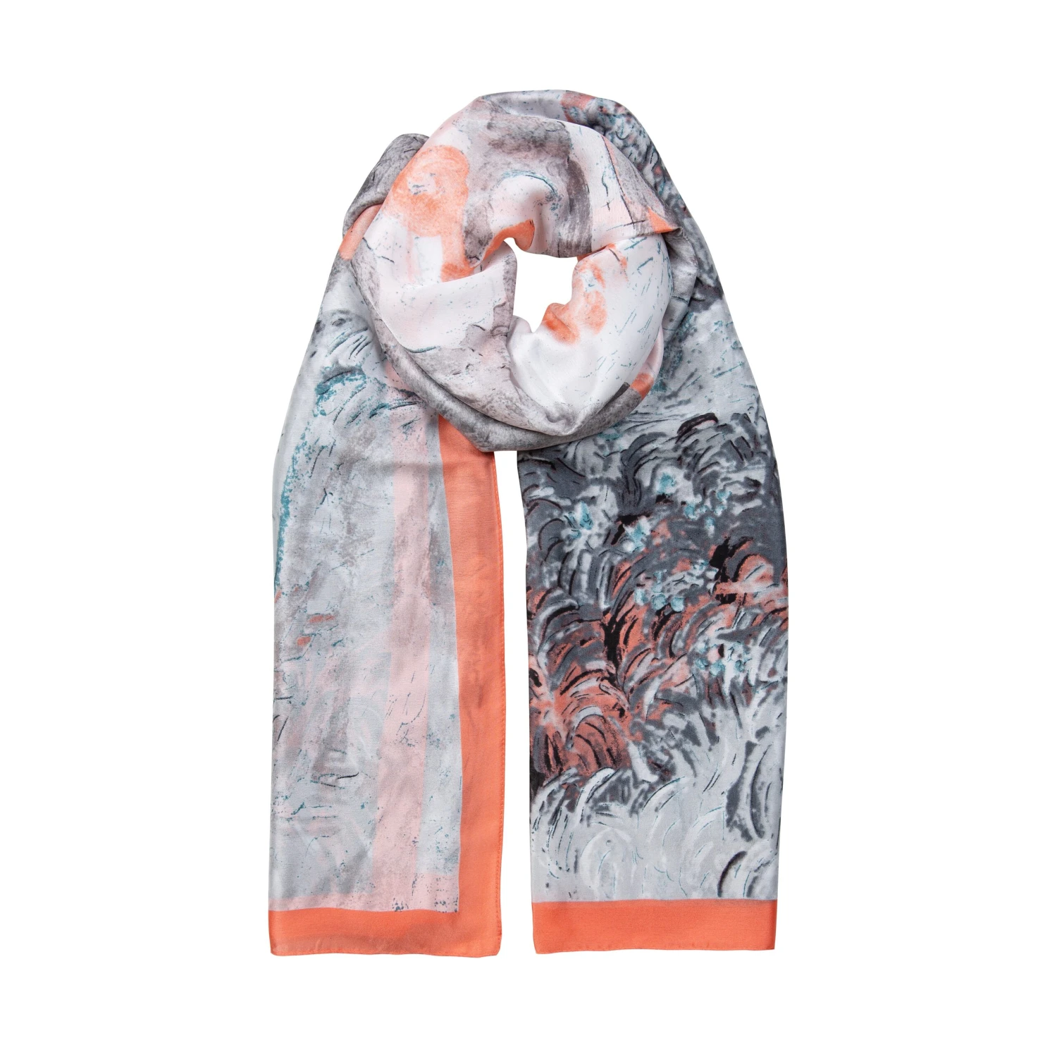 Women’s Abstract Landscape Print Silk-Like Lightweight Scarf With Border 1 Women’s Abstract Landscape Print Silk-Like Lightweight Scarf With Border