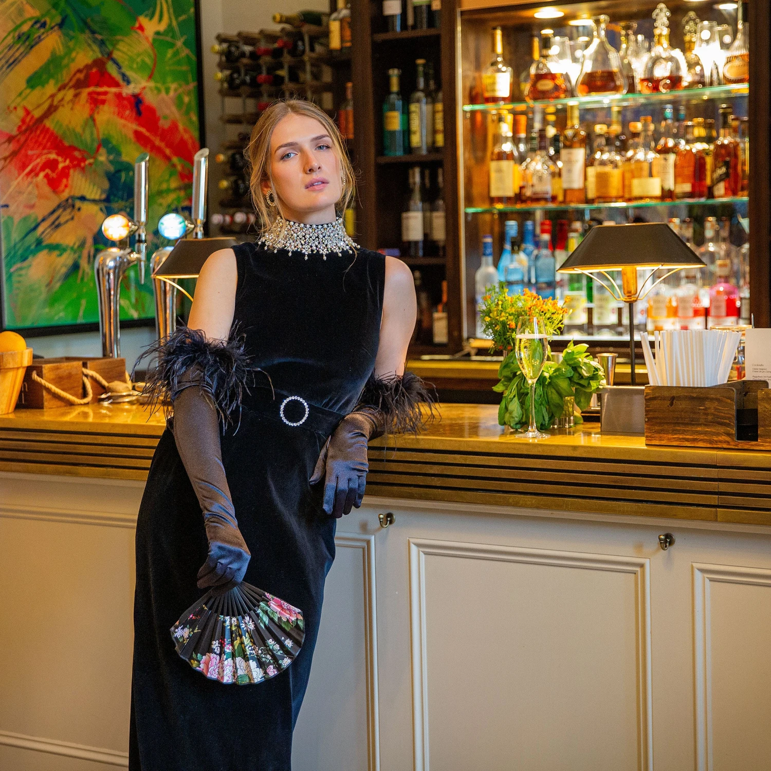 Women's Long Opera Satin Gloves With Feather Cuffs 2 Women's Long Opera Satin Gloves With Feather Cuffs - Image 2