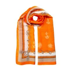 Women’s Nautical Print Silk-Like Lightweight Scarf With Border -Dents Luxury Accessories Sales womens nautical lightweight scarf satin like orange