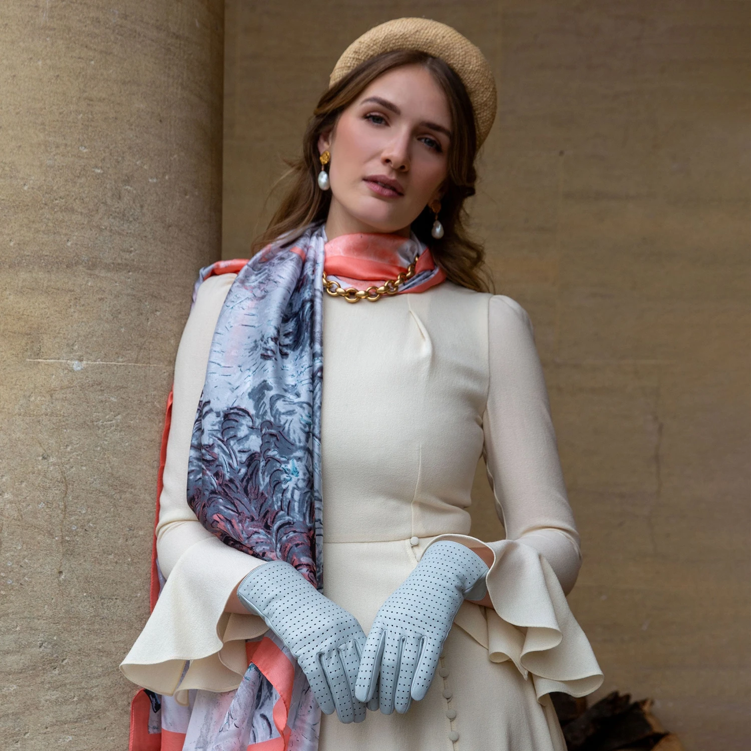 Women’s Abstract Landscape Print Silk-Like Lightweight Scarf With Border 2 Women’s Abstract Landscape Print Silk-Like Lightweight Scarf With Border - Image 2